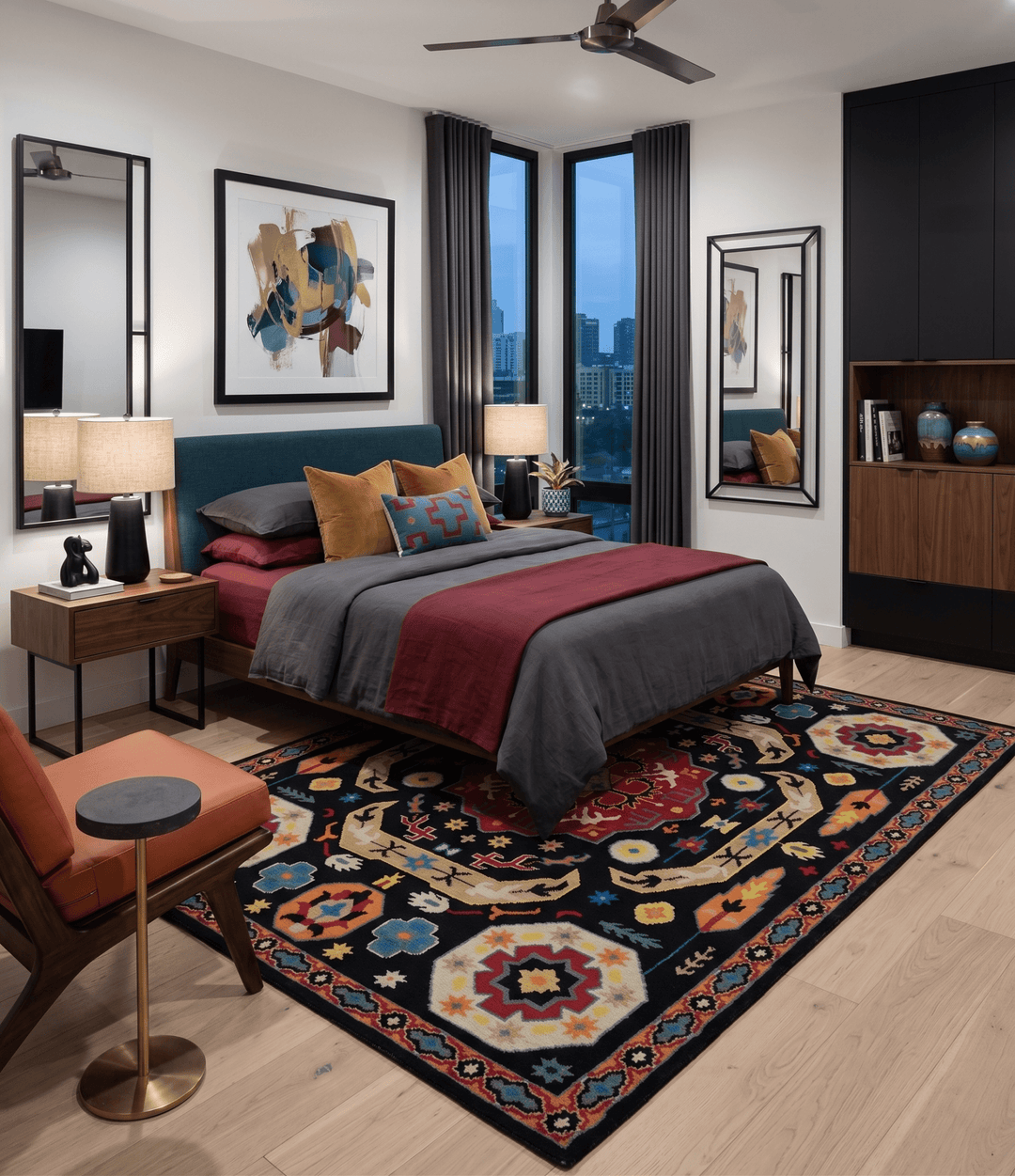 Custom Made Colorful Black, Maroon and Beige Traditional Mamluk Design wool Rug - The Rug Decor