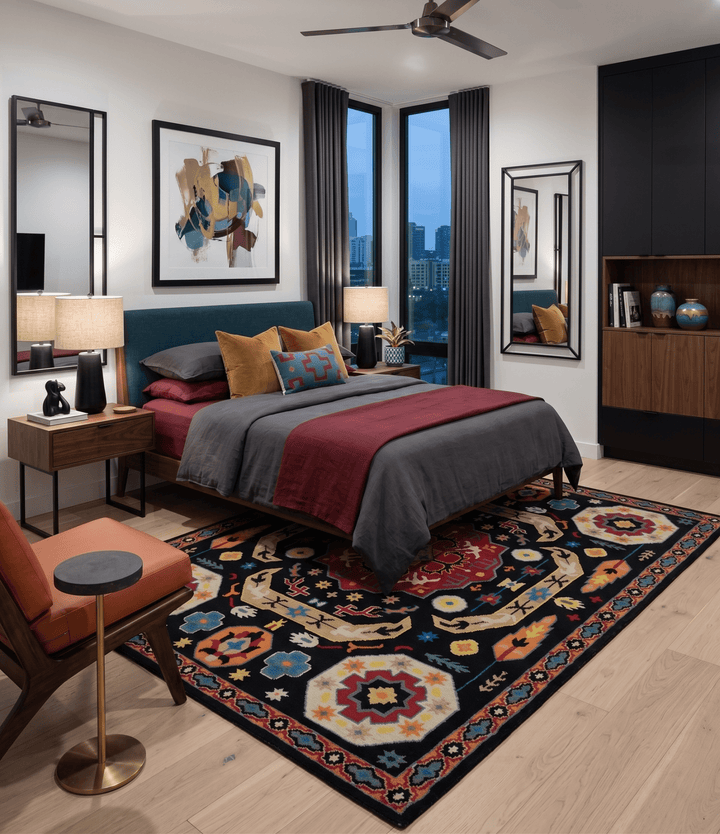Custom Made Colorful Black, Maroon and Beige Traditional Mamluk Design wool Rug - The Rug Decor