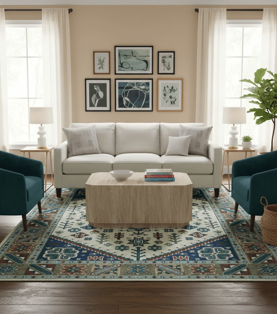 Custom Made Colorful Ivory, Blue, Brown and Teal Hand Knotted Traditional Heriz size wool Area Rug - The Rug Decor