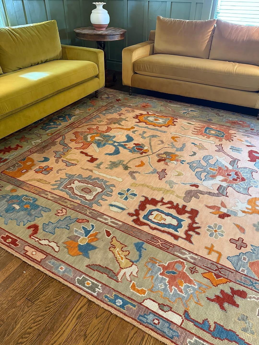 Custom Made Colorful Peach and Green Hand knotted Oushak wool Area Rug - The Rug Decor