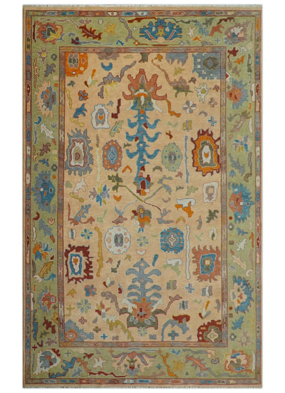 Custom Made Colorful Peach and Green Hand knotted Oushak wool Area Rug - The Rug Decor