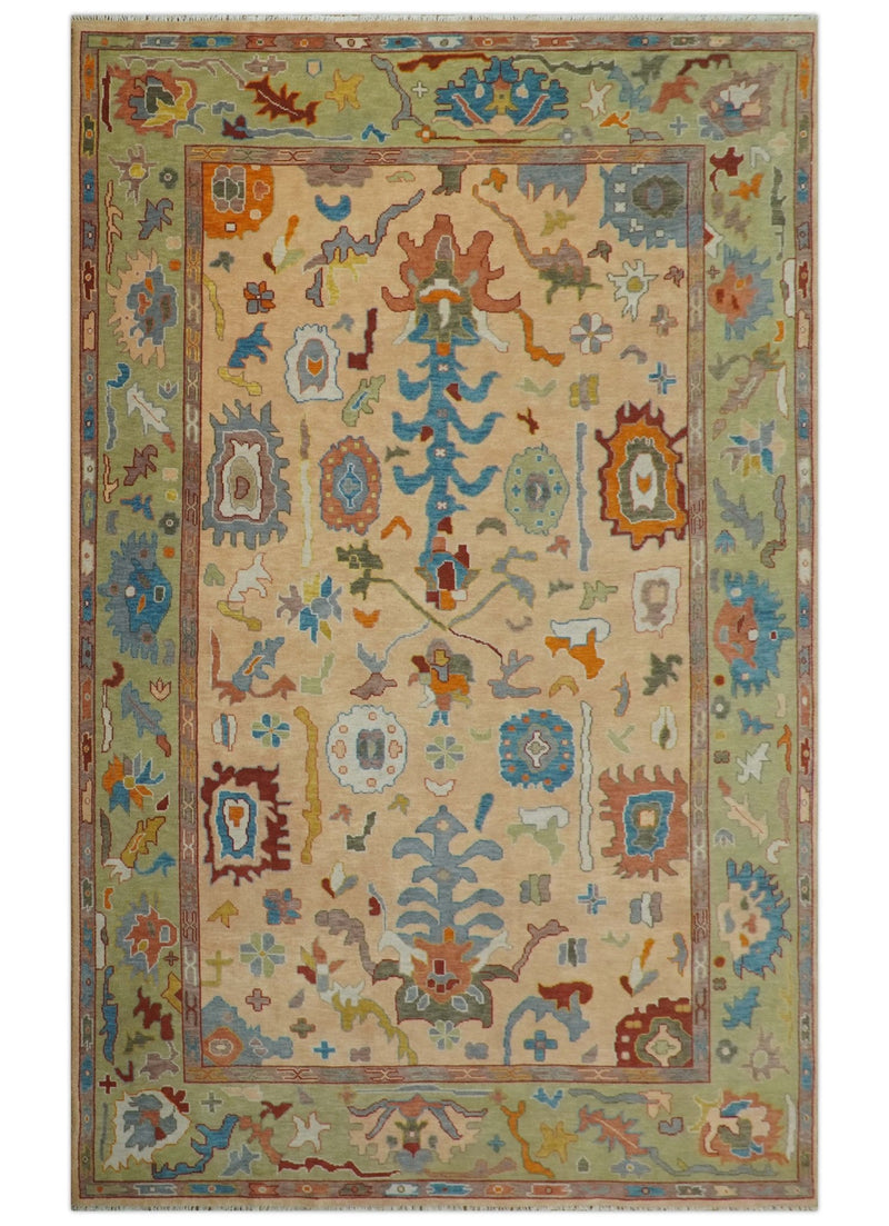 Custom Made Colorful Peach and Green Hand knotted Oushak wool Area Rug - The Rug Decor