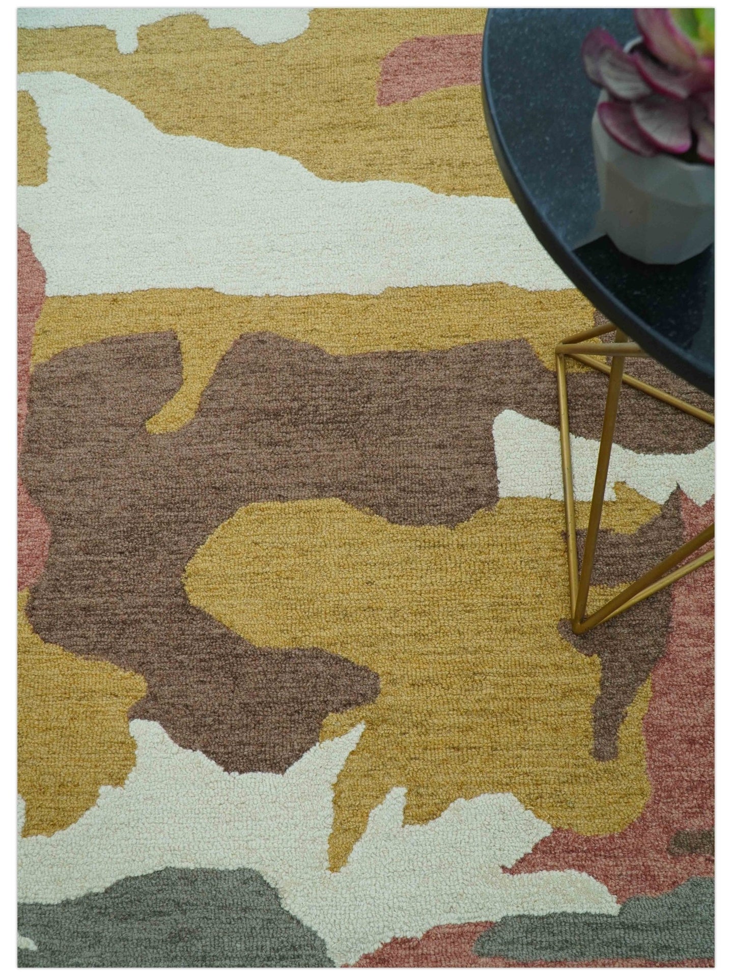 Custom Made Contemporary Abstract Ivory, Yellow And Rust Hand Tufted Wool Area Rug - The Rug Decor