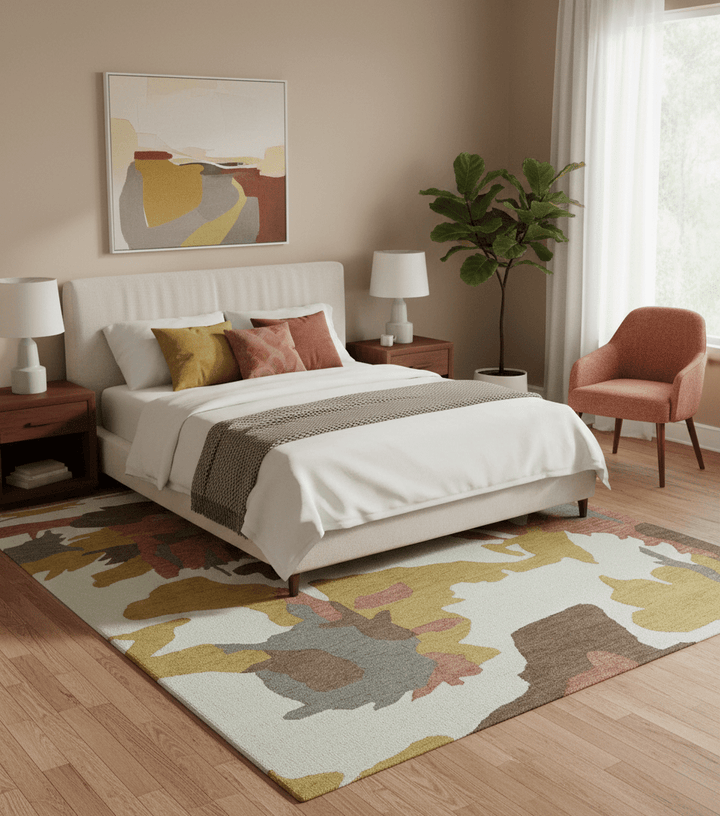 Custom Made Contemporary Abstract Ivory, Yellow And Rust Hand Tufted Wool Area Rug - The Rug Decor