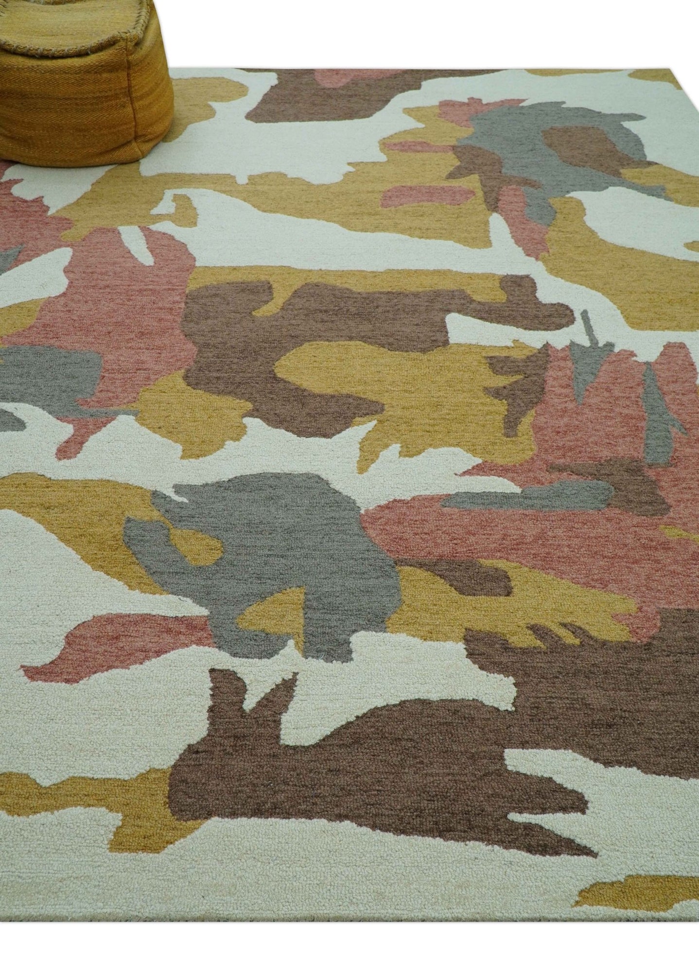 Custom Made Contemporary Abstract Ivory, Yellow And Rust Hand Tufted Wool Area Rug - The Rug Decor