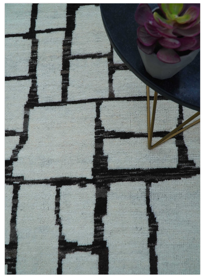 Custom Made Contemporary Ivory And Dark Brown Hand Knotted Wool Rug - The Rug Decor
