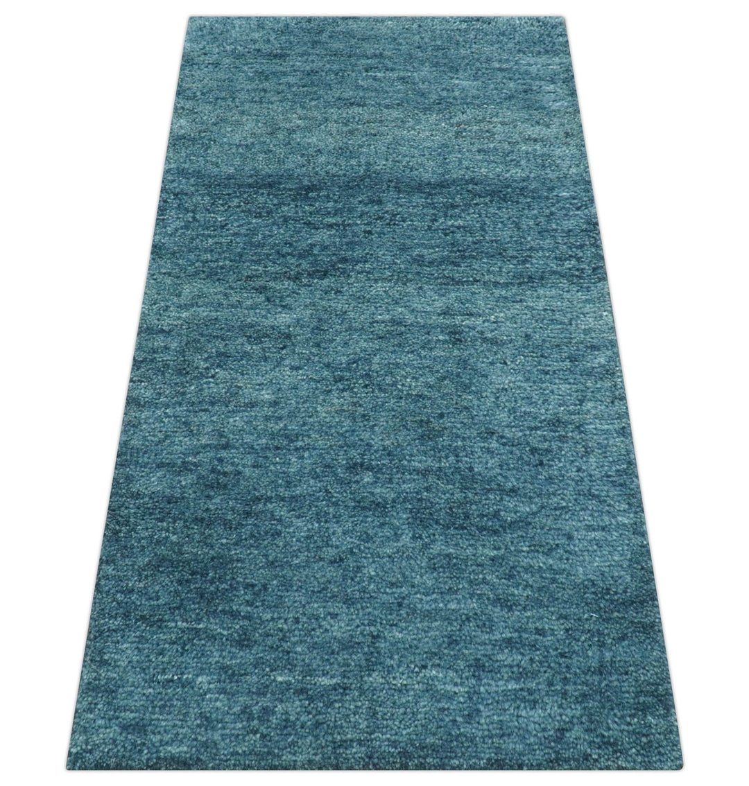 Custom Made Contemporary Solid Plush Blue Hand Knotted Wool Rug - The Rug Decor