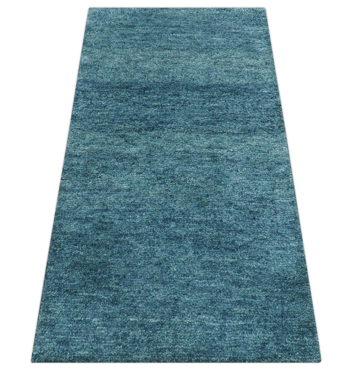 Custom Made Contemporary Solid Plush Blue Hand Knotted Wool Rug - The Rug Decor