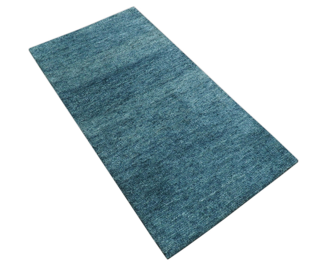 Custom Made Contemporary Solid Plush Blue Hand Knotted Wool Rug - The Rug Decor