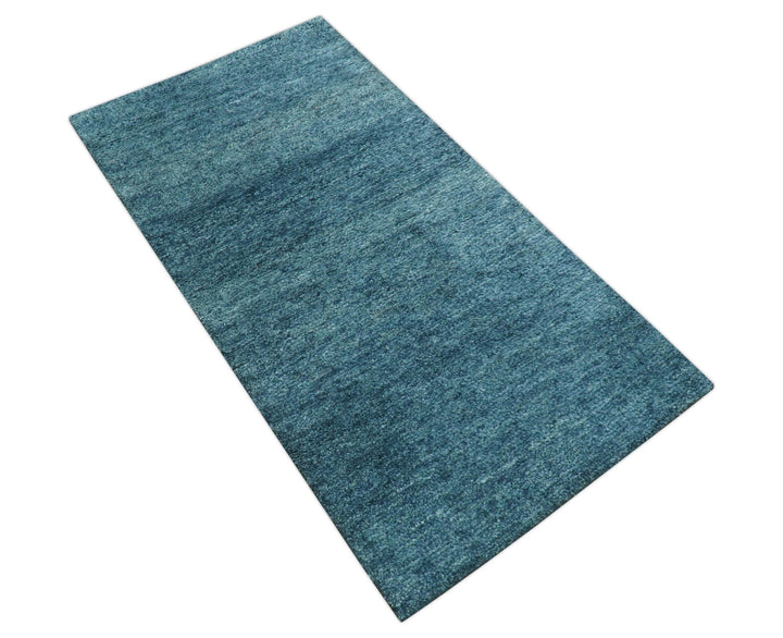 Custom Made Contemporary Solid Plush Blue Hand Knotted Wool Rug - The Rug Decor
