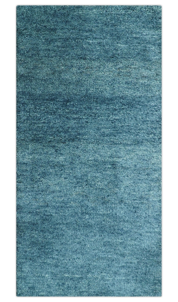 Custom Made Contemporary Solid Plush Blue Hand Knotted Wool Rug - The Rug Decor