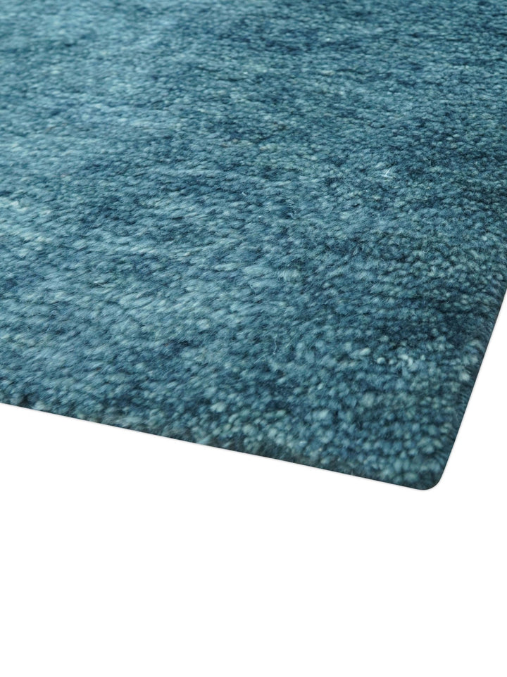 Custom Made Contemporary Solid Plush Blue Hand Knotted Wool Rug - The Rug Decor
