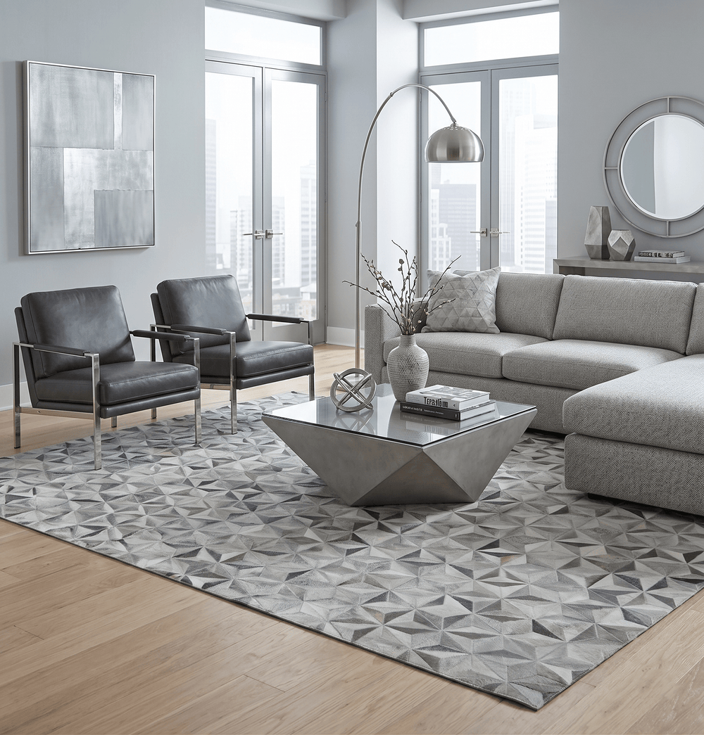 Custom Made Cowhide Leather Patchwork Silver and Gray Leather Modern Geometric Rug - The Rug Decor