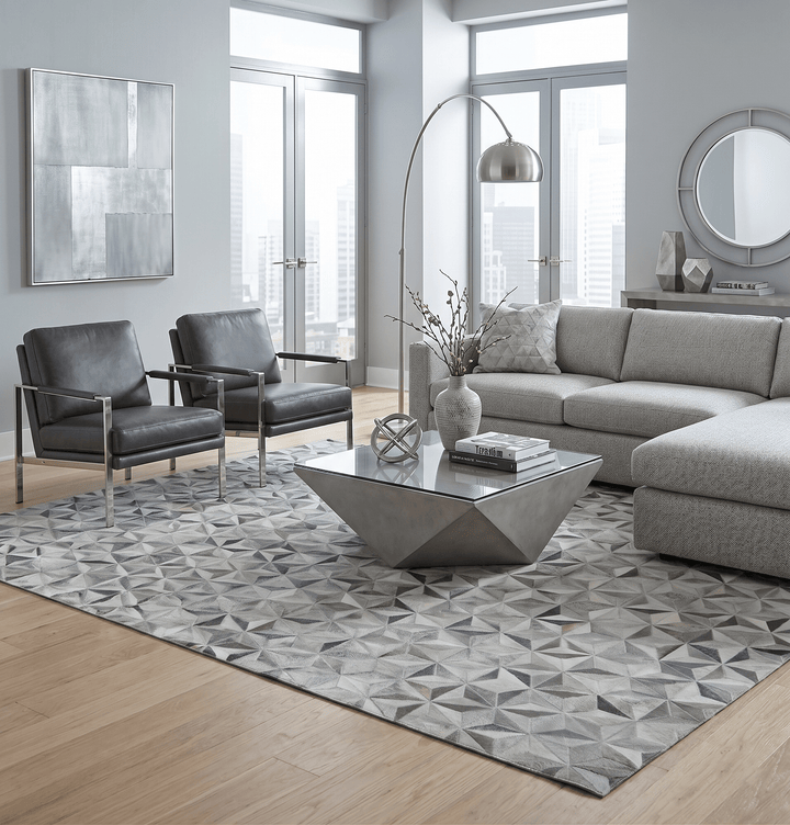 Custom Made Cowhide Leather Patchwork Silver and Gray Leather Modern Geometric Rug - The Rug Decor