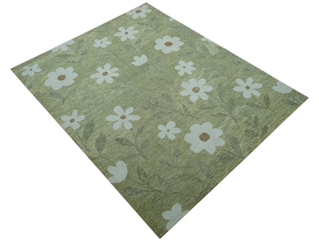 Custom Made Floral Olive Green Hand Tufted Wool Area Rug - The Rug Decor