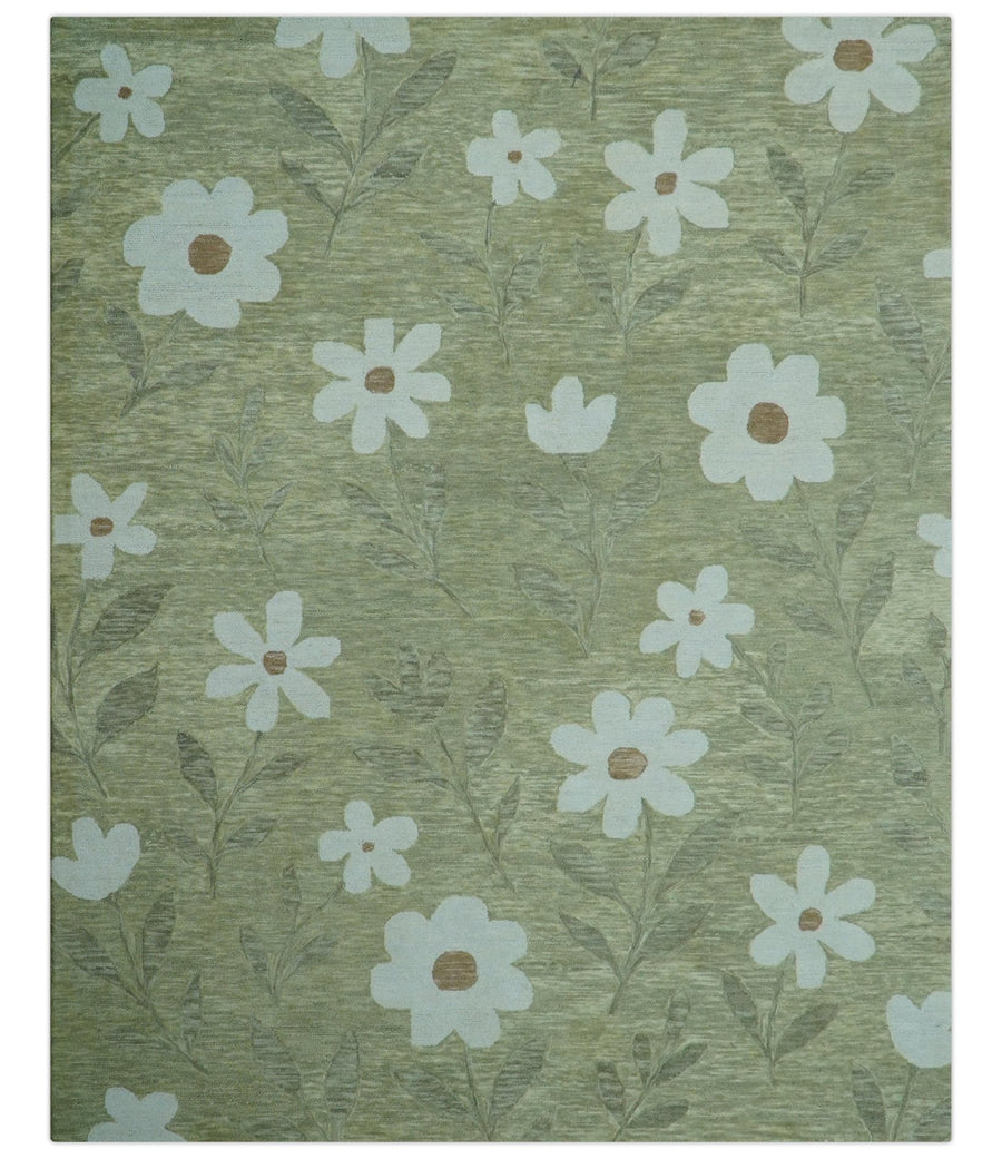 Custom Made Floral Olive Green Hand Tufted Wool Area Rug - The Rug Decor