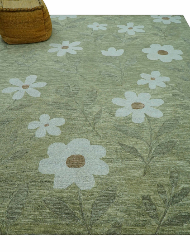 Custom Made Floral Olive Green Hand Tufted Wool Area Rug - The Rug Decor