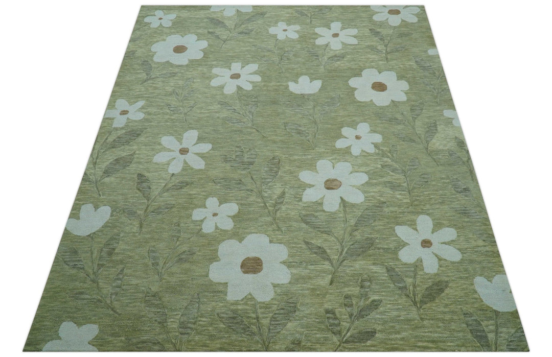 Custom Made Floral Olive Green Hand Tufted Wool Area Rug - The Rug Decor