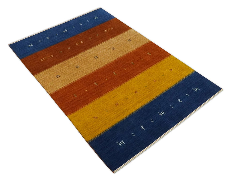 Custom Made Gabbeh Blue, Brown and Gold Stripes Design Wool Rug - The Rug Decor