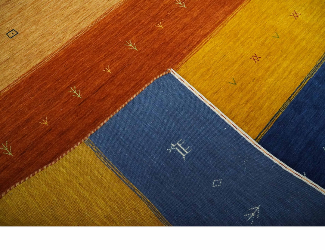 Custom Made Gabbeh Blue, Brown and Gold Stripes Design Wool Rug - The Rug Decor