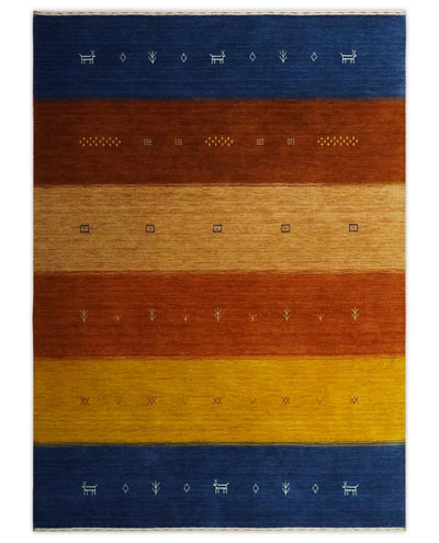 Custom Made Gabbeh Blue, Brown and Gold Stripes Design Wool Rug - The Rug Decor