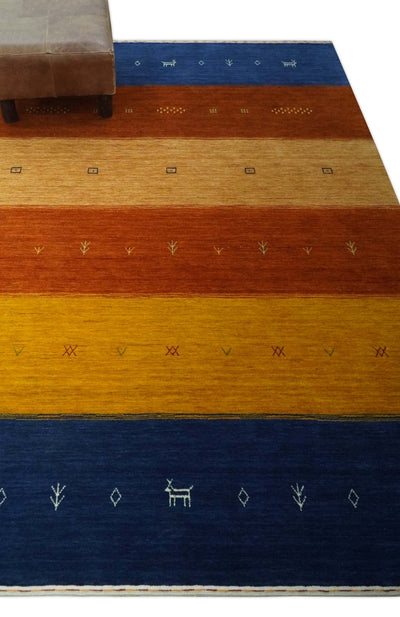 Custom Made Gabbeh Blue, Brown and Gold Stripes Design Wool Rug - The Rug Decor