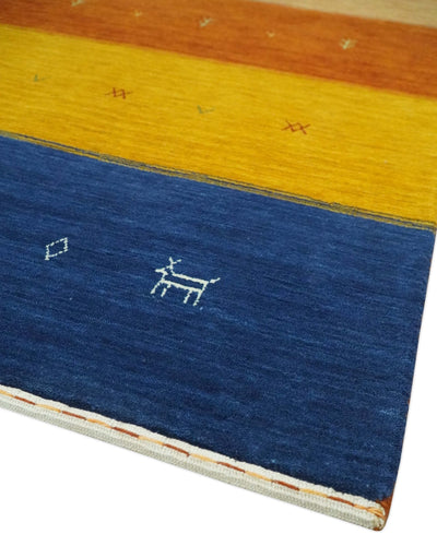 Custom Made Gabbeh Blue, Brown and Gold Stripes Design Wool Rug - The Rug Decor