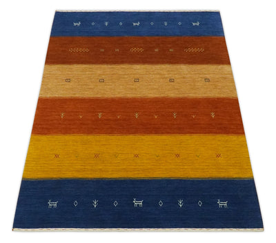 Custom Made Gabbeh Blue, Brown and Gold Stripes Design Wool Rug - The Rug Decor