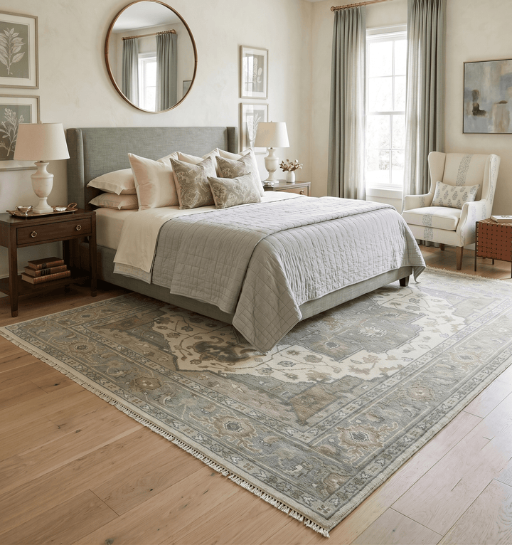Custom Made Gray, Ivory and Silver Hand knotted Traditional Medallion wool Area Rug - The Rug Decor