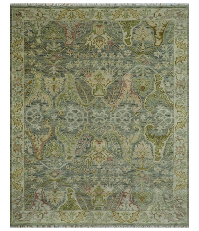 Custom Made Gray, Silver and Green Hand Knotted Traditional Large Design wool area rug - The Rug Decor