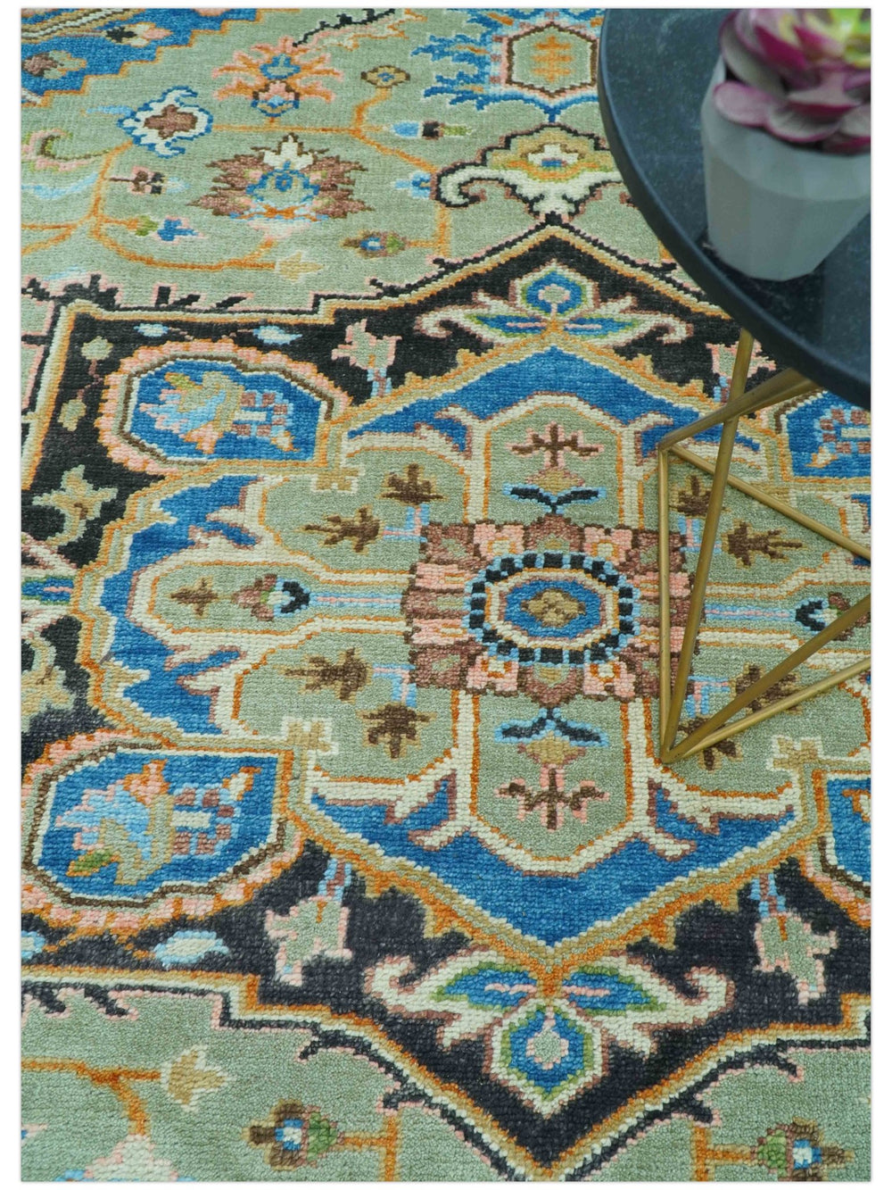 Custom Made Green And Blue Traditional Heriz Hand Knotted Wool Rug - The Rug Decor