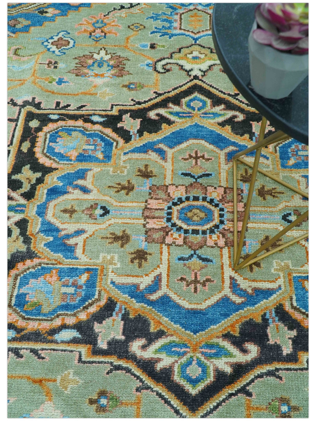 Custom Made Green And Blue Traditional Heriz Hand Knotted Wool Rug - The Rug Decor