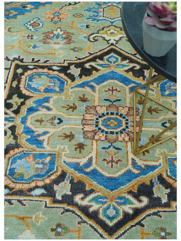 Custom Made Green And Blue Traditional Heriz Hand Knotted Wool Rug - The Rug Decor