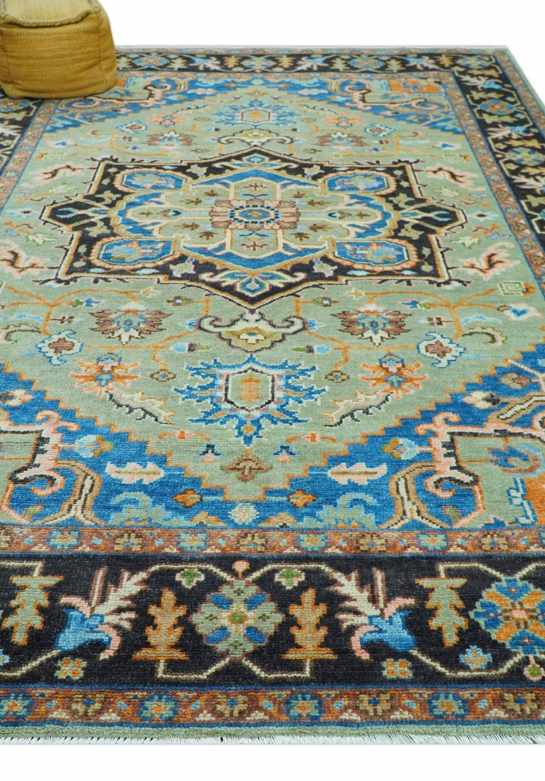 Custom Made Green And Blue Traditional Heriz Hand Knotted Wool Rug - The Rug Decor