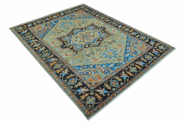 Custom Made Green And Blue Traditional Heriz Hand Knotted Wool Rug - The Rug Decor