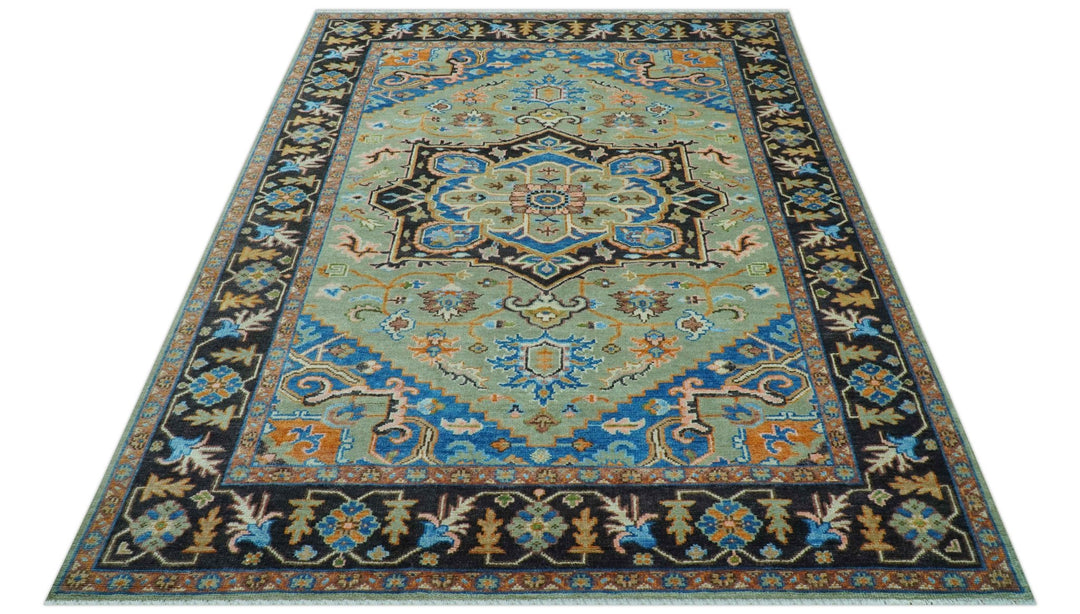 Custom Made Green And Blue Traditional Heriz Hand Knotted Wool Rug - The Rug Decor