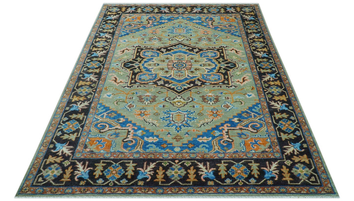 Custom Made Green And Blue Traditional Heriz Hand Knotted Wool Rug - The Rug Decor