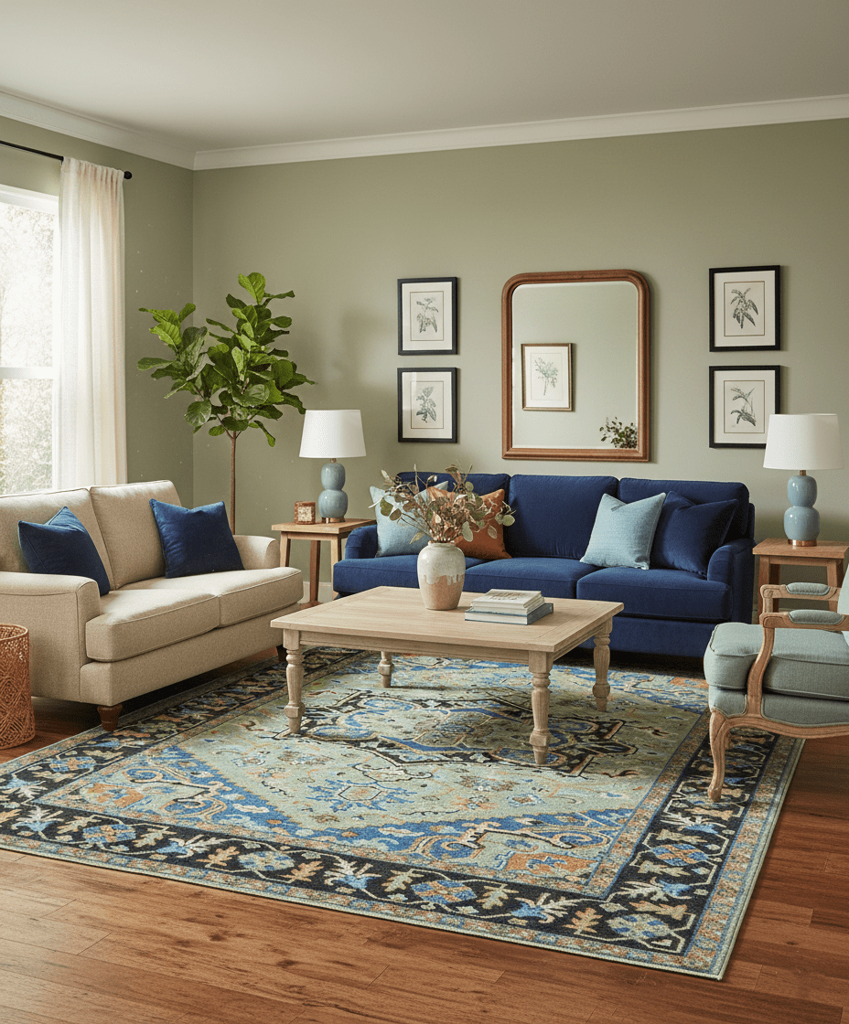 Custom Made Green And Blue Traditional Heriz Hand Knotted Wool Rug - The Rug Decor