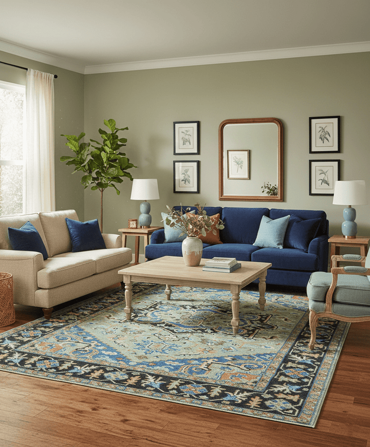 Custom Made Green And Blue Traditional Heriz Hand Knotted Wool Rug - The Rug Decor