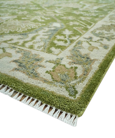 Custom Made Green and Ivory Traditional Dragon Oushak Design Hand knotted wool rug - The Rug Decor