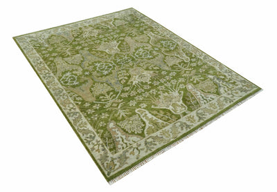 Custom Made Green and Ivory Traditional Dragon Oushak Design Hand knotted wool rug - The Rug Decor