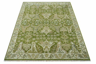 Custom Made Green and Ivory Traditional Dragon Oushak Design Hand knotted wool rug - The Rug Decor