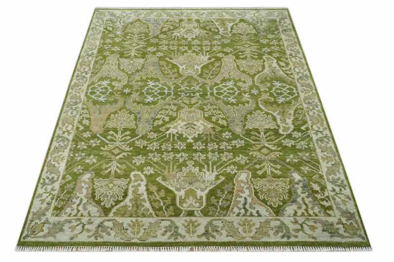 Custom Made Green and Ivory Traditional Dragon Oushak Design Hand knotted wool rug - The Rug Decor