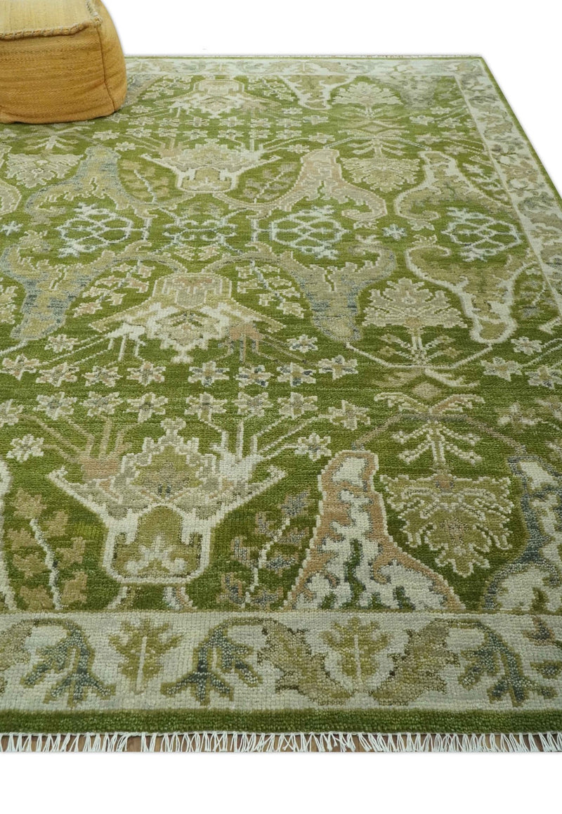 Custom Made Green and Ivory Traditional Dragon Oushak Design Hand knotted wool rug - The Rug Decor