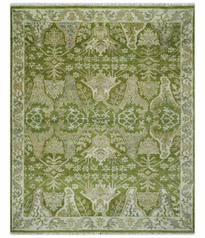 Custom Made Green and Ivory Traditional Dragon Oushak Design Hand knotted wool rug - The Rug Decor