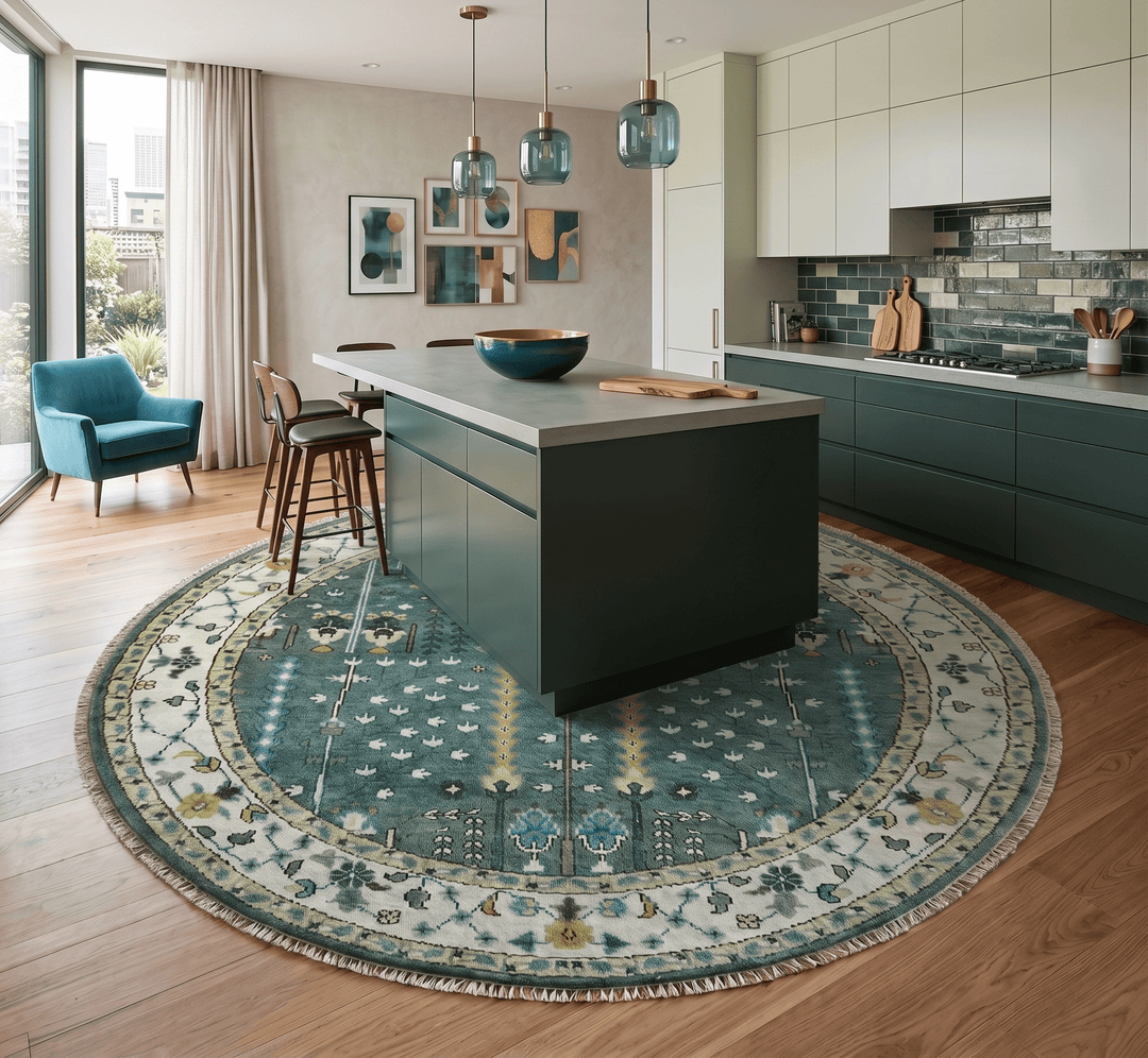 Custom Made Green And Ivory Tree of life Round Hand Knotted Wool Rug - The Rug Decor