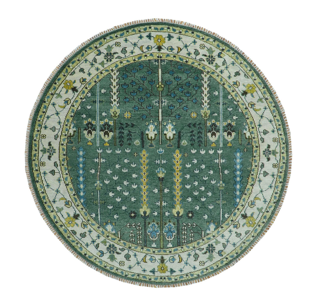Custom Made Green And Ivory Tree of life Round Hand Knotted Wool Rug - The Rug Decor