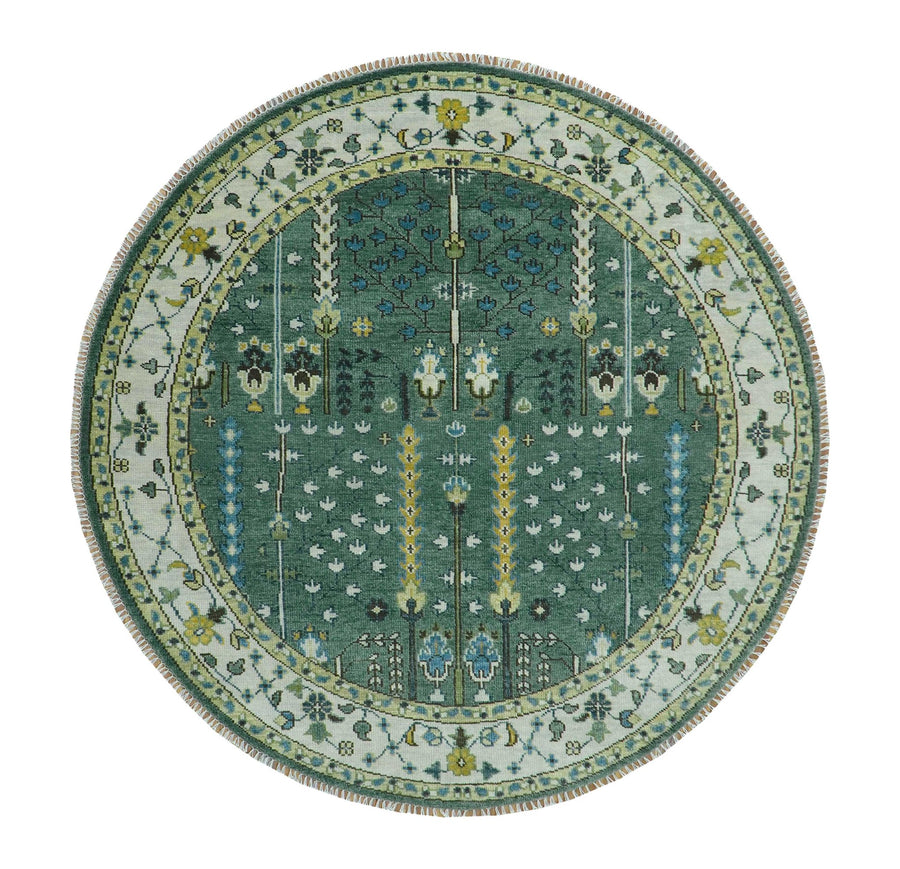 Custom Made Green And Ivory Tree of life Round Hand Knotted Wool Rug - The Rug Decor