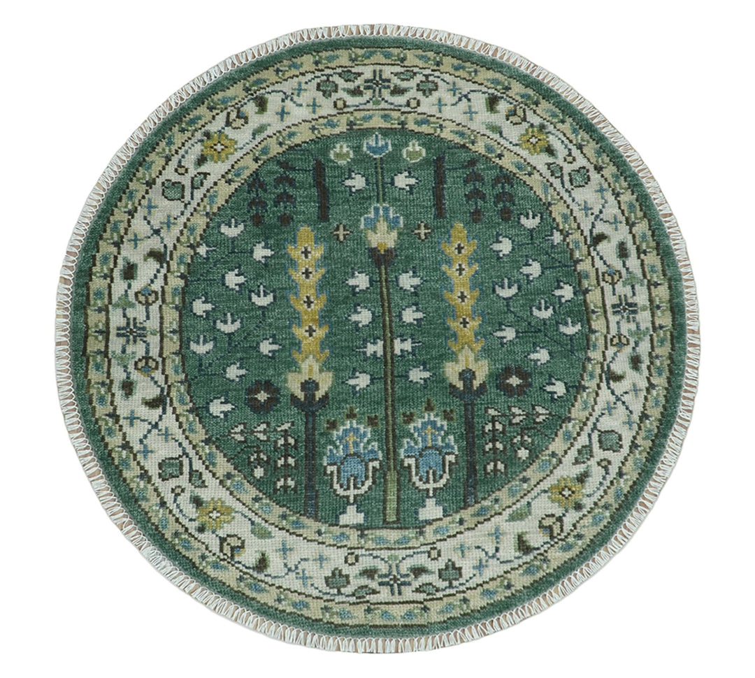 Custom Made Green And Ivory Tree of life Round Hand Knotted Wool Rug - The Rug Decor