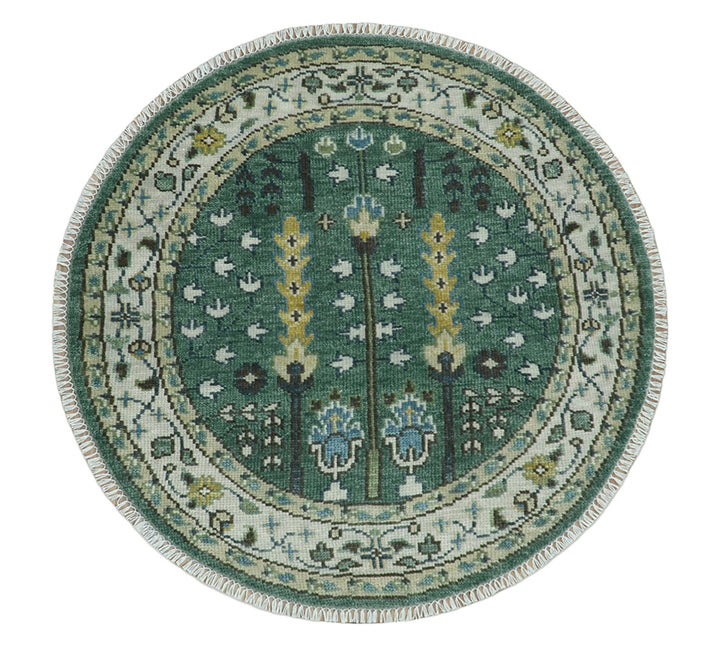 Custom Made Green And Ivory Tree of life Round Hand Knotted Wool Rug - The Rug Decor